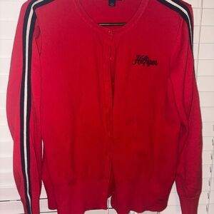 Y2K Prep Tommy Hilfiger Red Cardigan with Stripe Accents